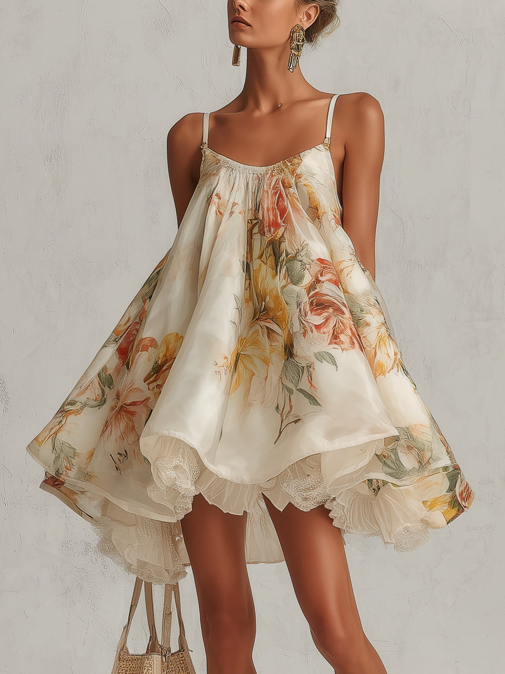 Vestido Corto floral beige con bordado de encaje