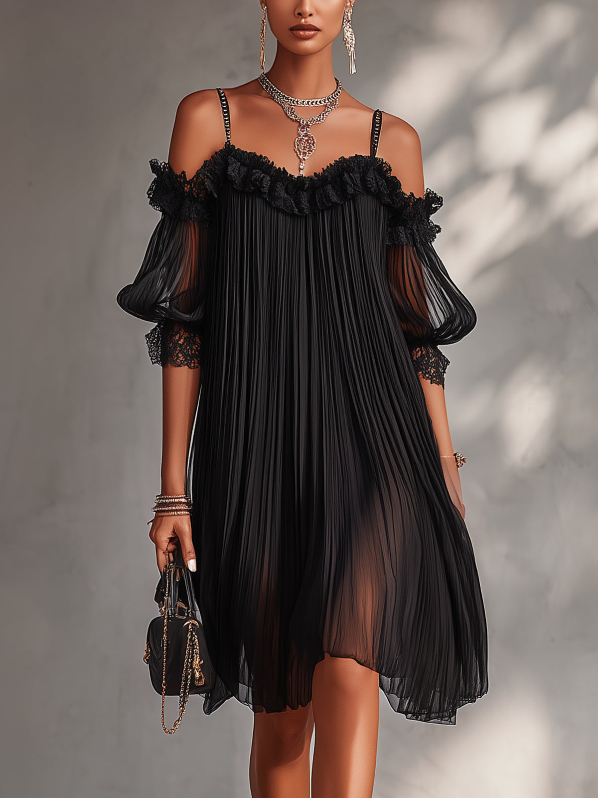 Vestido Corto Negro con Hombros Descubiertos y Bordes de Encaje