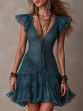 Vestido Corto Rizado de Encaje Azul Retro y Chiffon