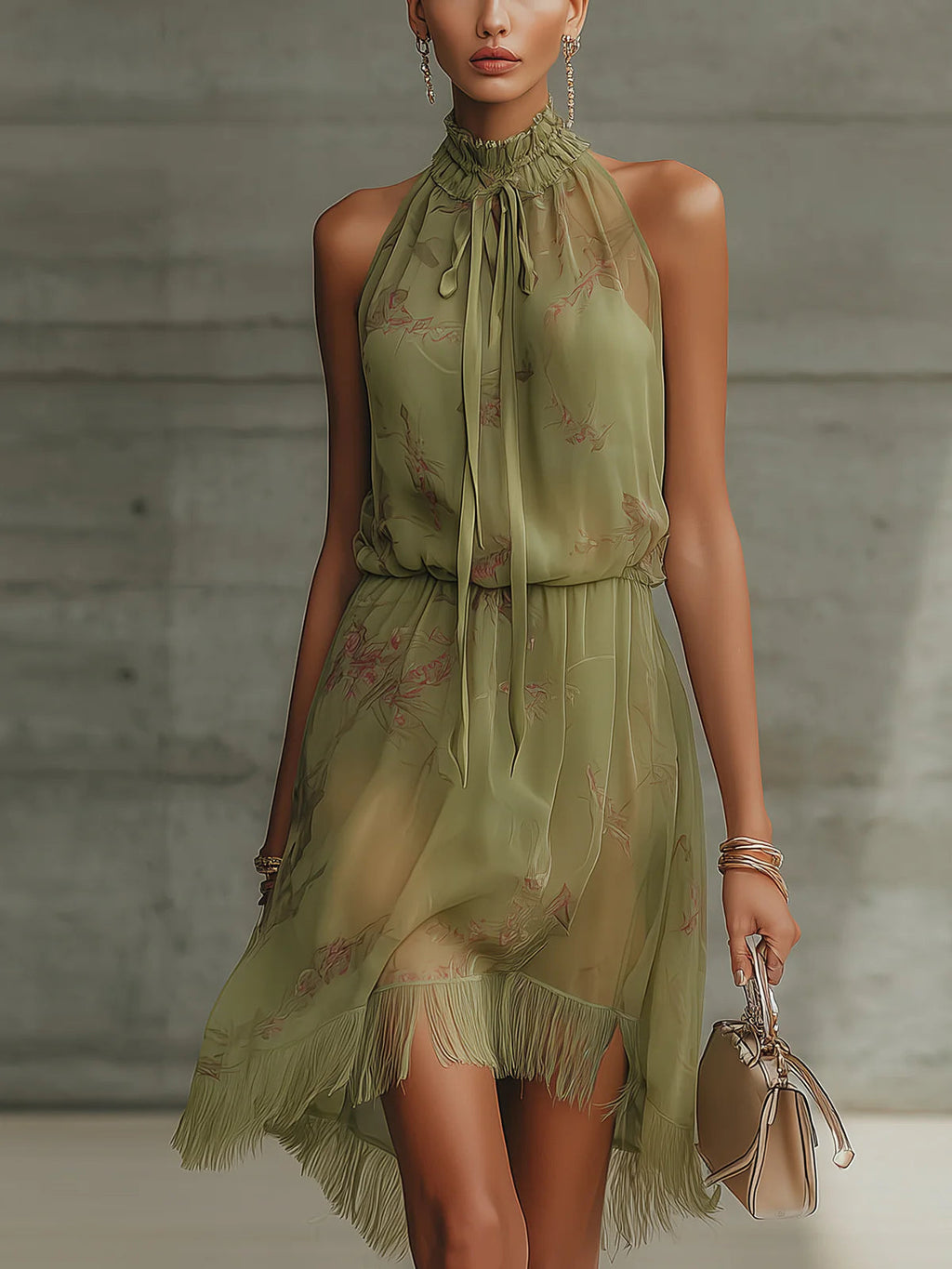 Vestido Corto de Chiffon con Flor Verde y Cintura Alta
