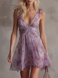 Vestido Corto de Chifón con Rayas Florales