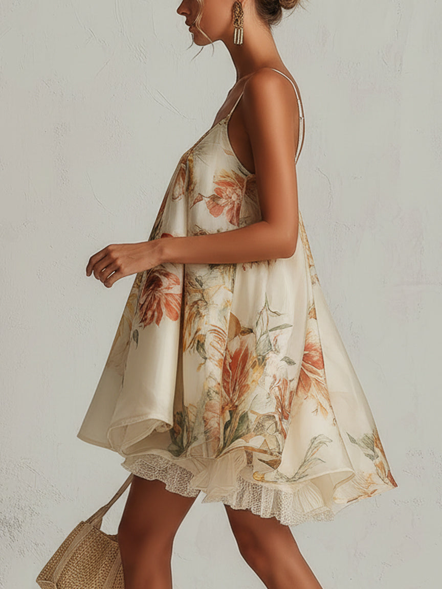 Vestido Corto floral beige con bordado de encaje