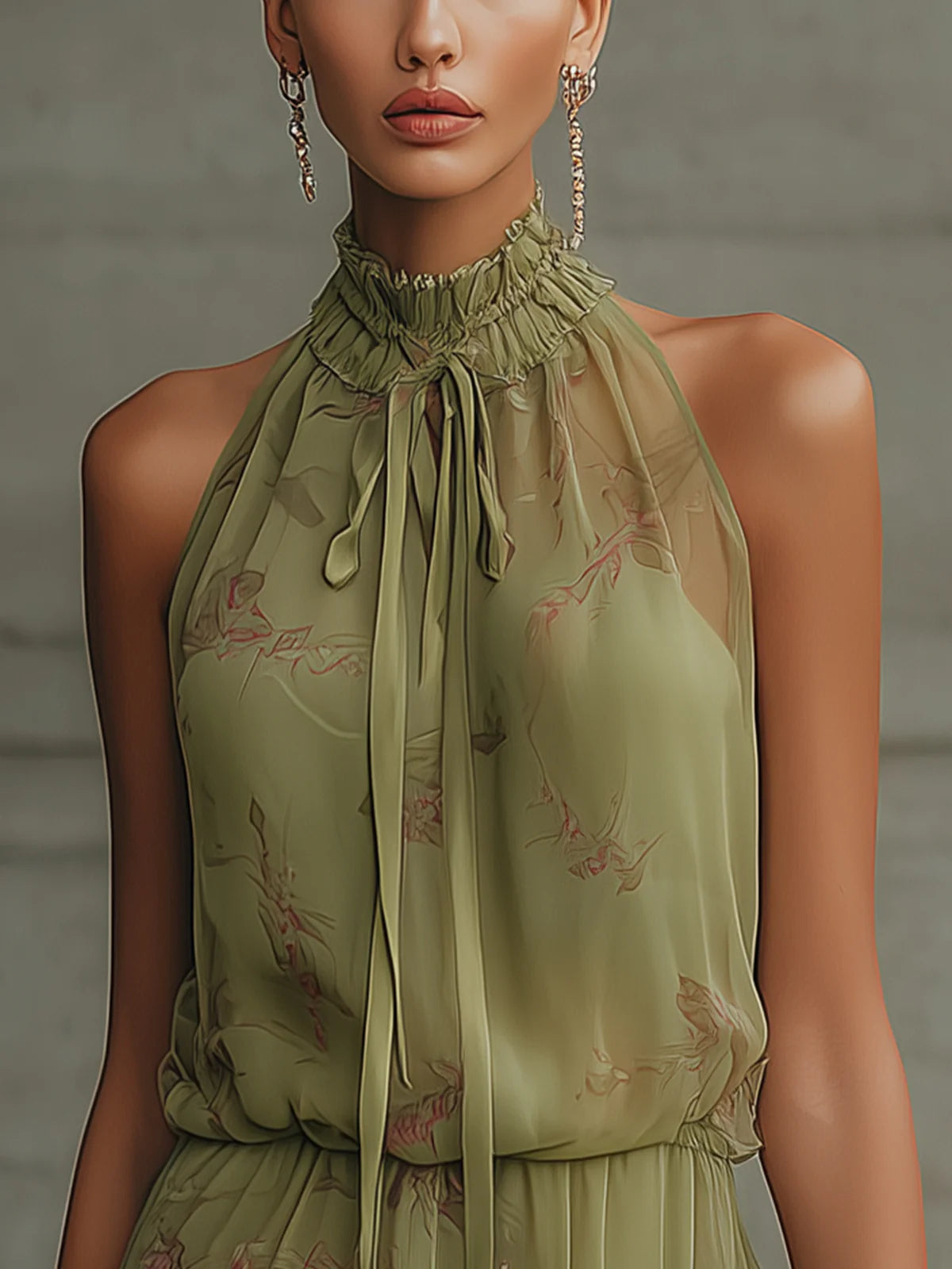 Vestido Corto de Chiffon con Flor Verde y Cintura Alta