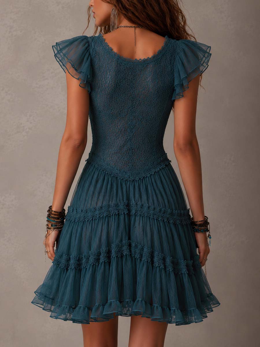 Vestido Corto Rizado de Encaje Azul Retro y Chiffon
