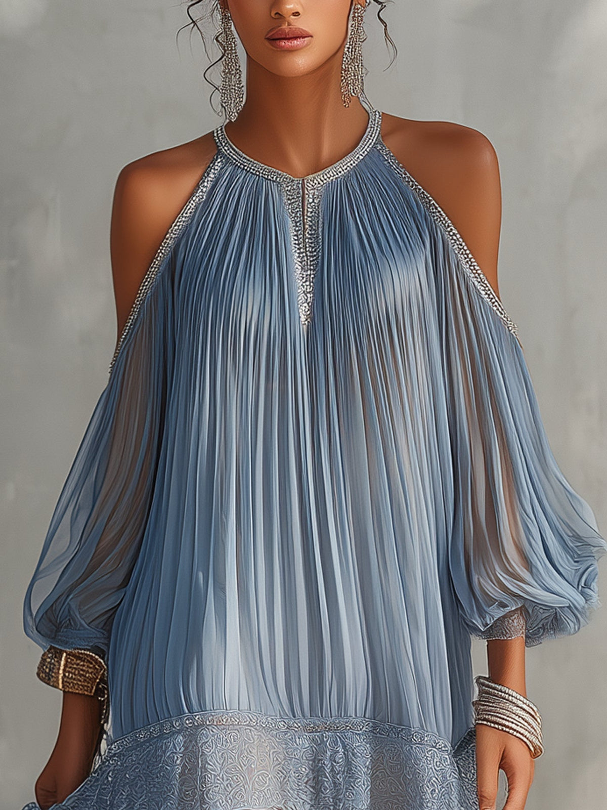 Vestido Corto Azul con Hombros Descubiertos y Dobladillo de Encaje