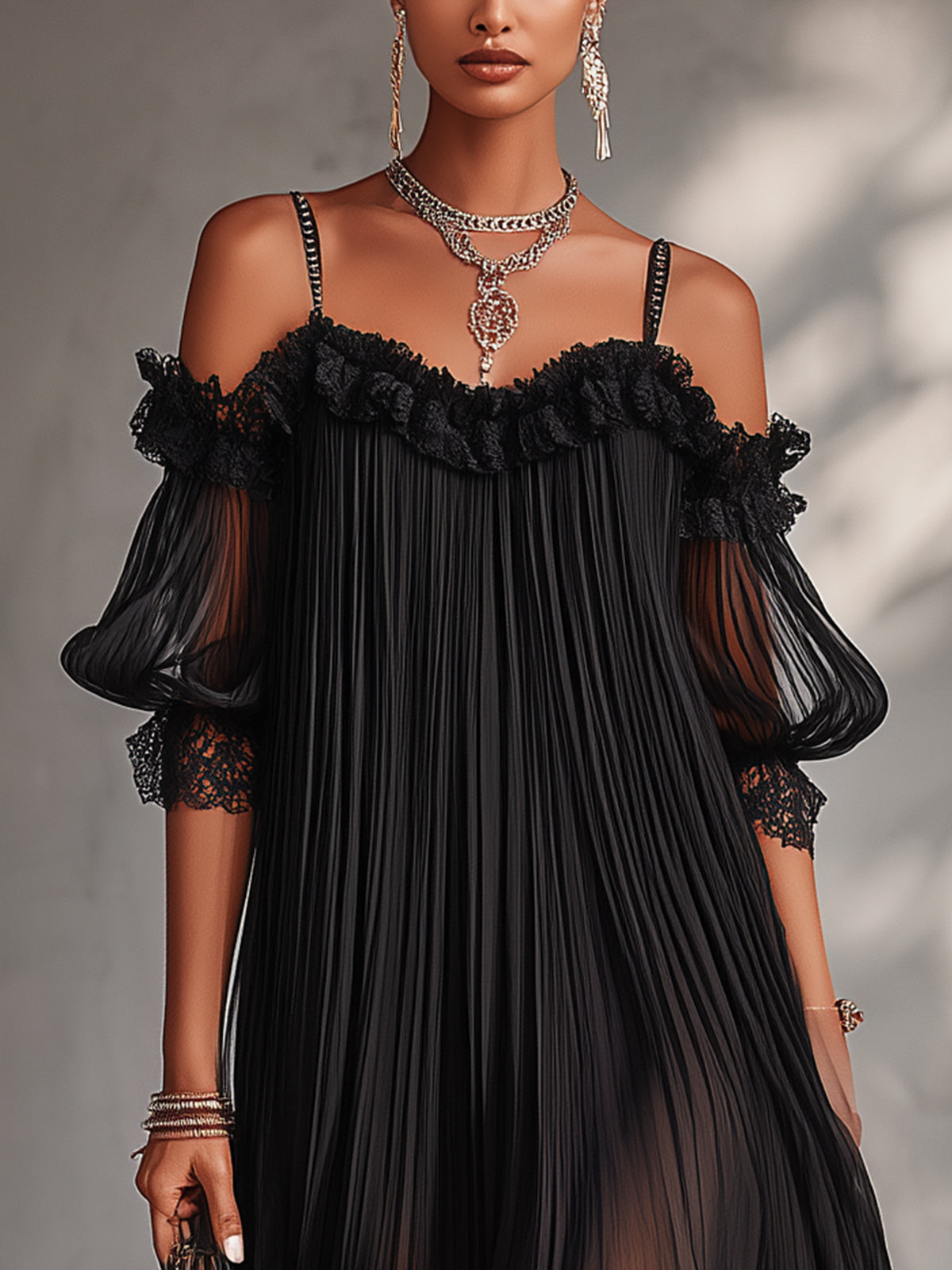 Vestido Corto Negro con Hombros Descubiertos y Bordes de Encaje
