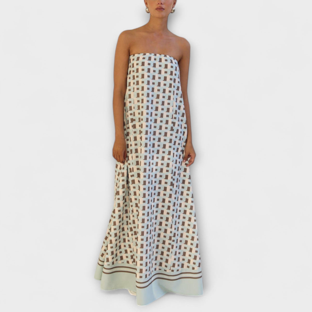 Marrón - Vestido maxi único con estampado geométrico y hombros descubiertos