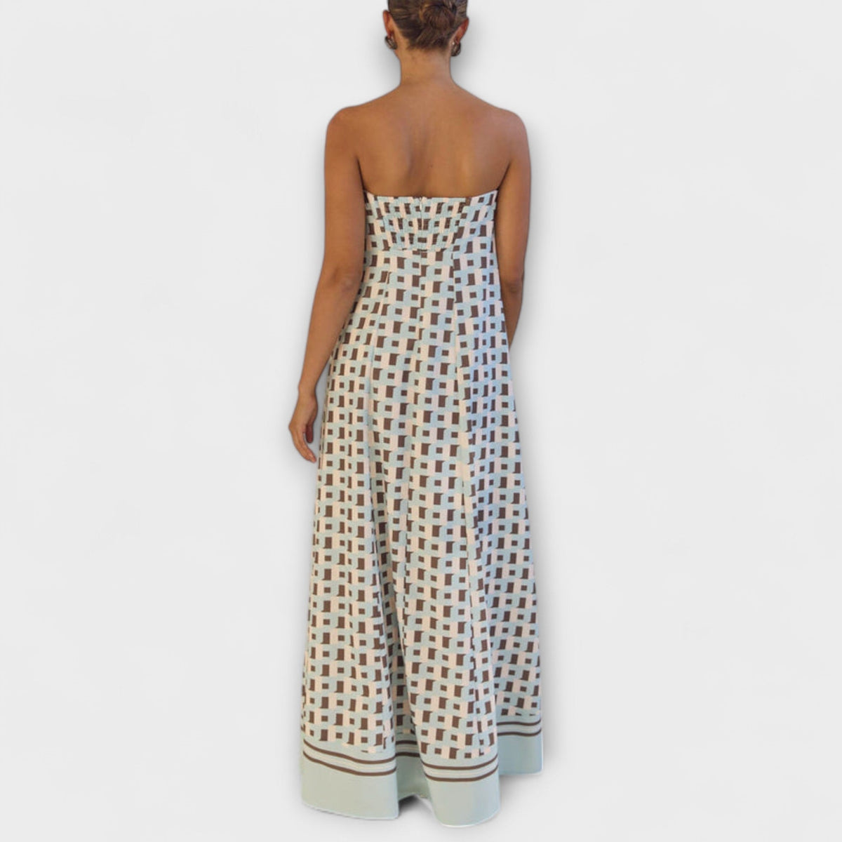 Marrón - Vestido maxi único con estampado geométrico y hombros descubiertos