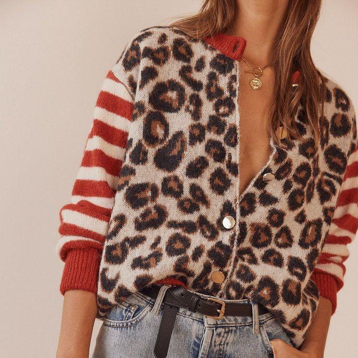 Cárdigan de Leopardo Sin Cuello con Manga Larga