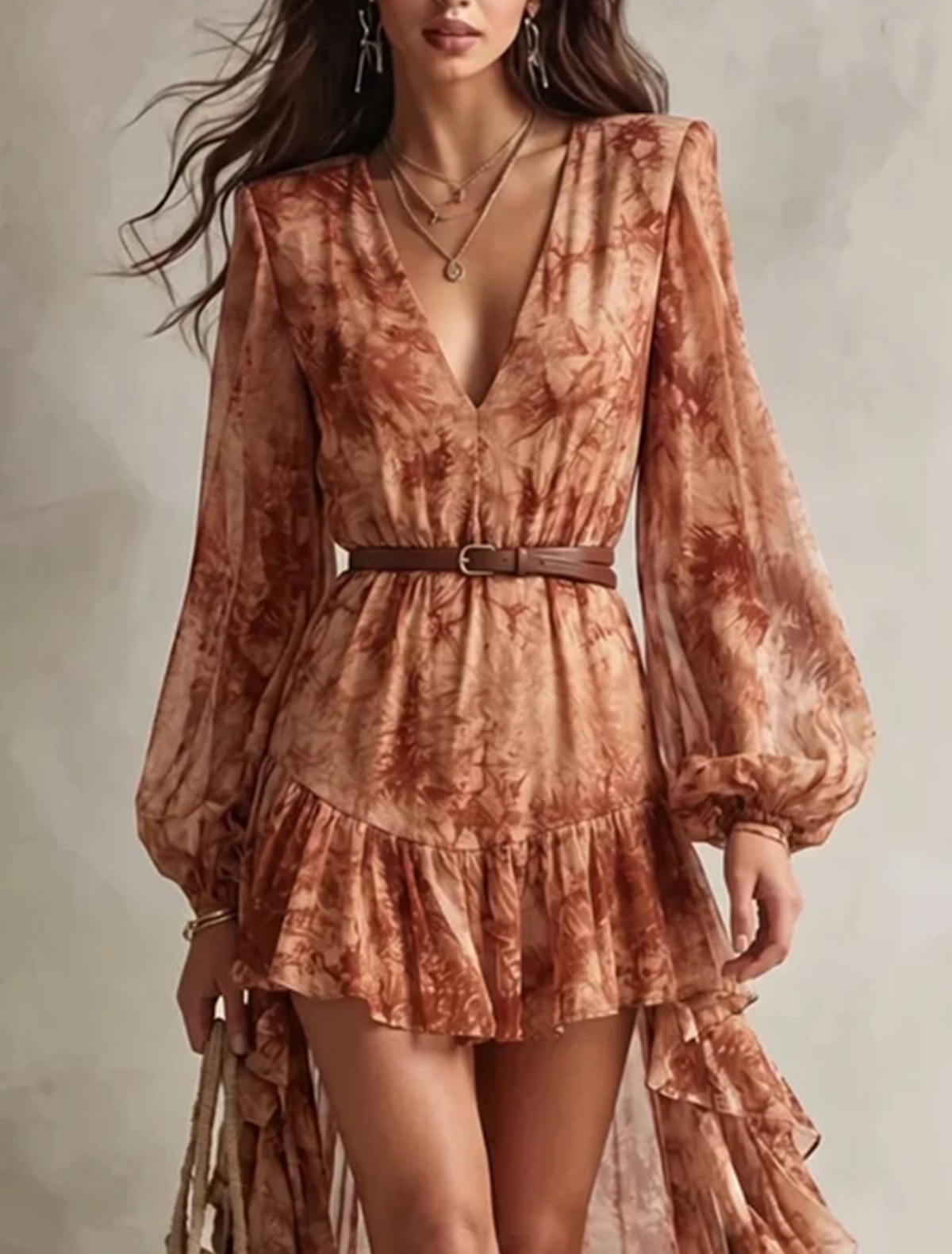 Vestido Corto de Manga Larga con Escote en V y Estampado Floral en Terracota