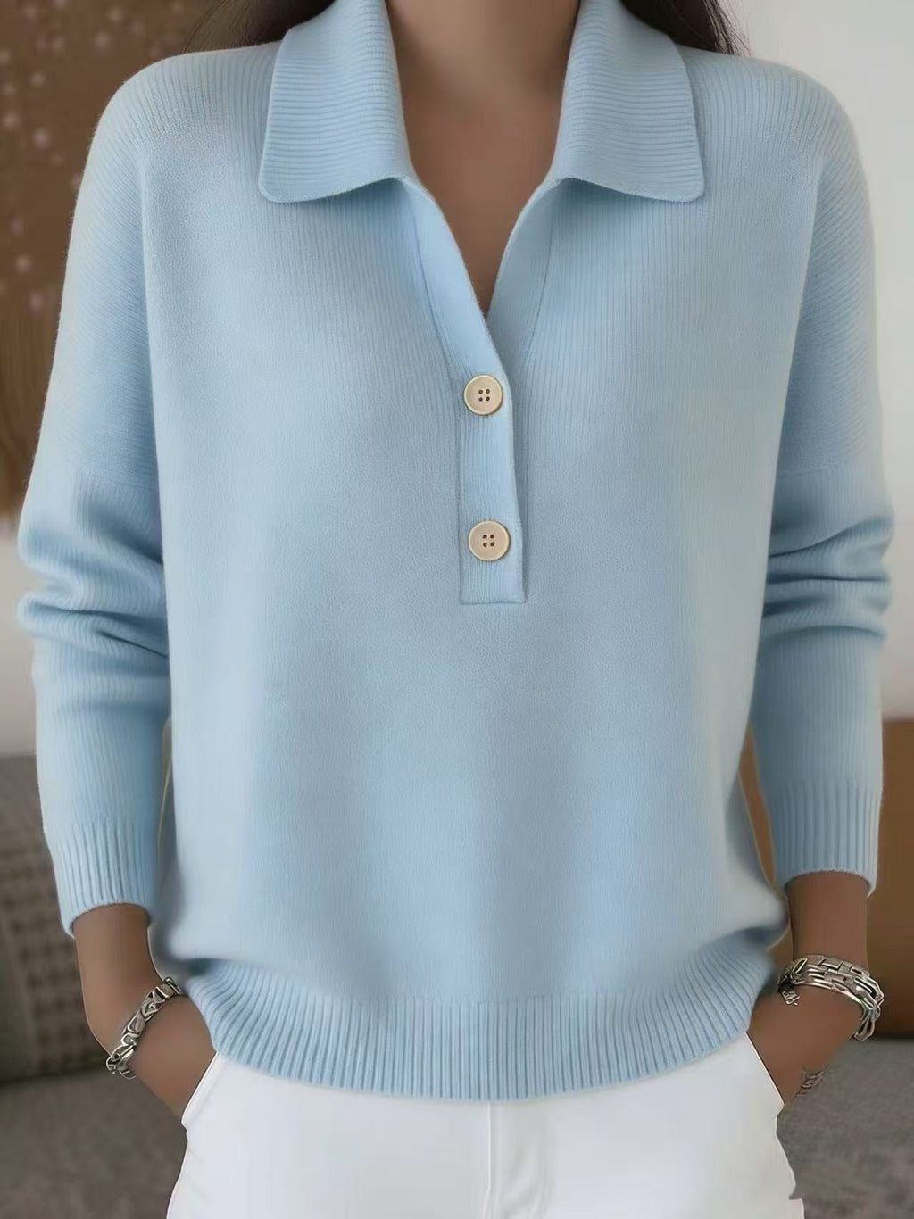 Jersey Casual Holgado de Punto con Solapa y Media Botonadura