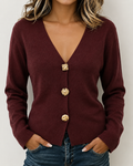 Cárdigan de Punto con Cuello en V, Botones Dorados Decorativos y Manga Larga para Mujer