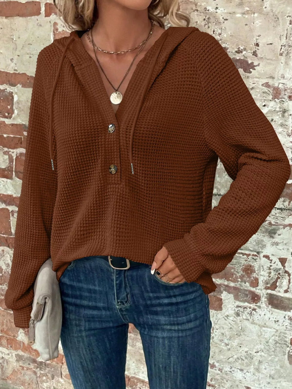 Sudadera con Capucha de Punto Gofre con Detalle de Botones