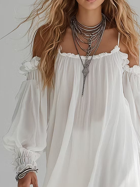 Vestido Corto Flotante de Estilo Bohemio con Hombros Descubiertos