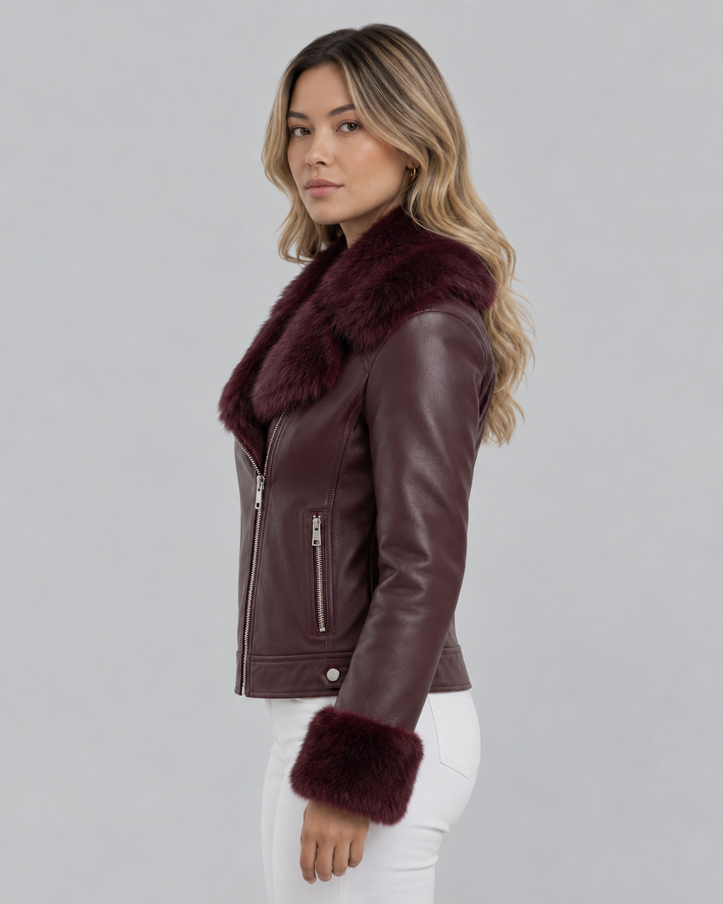 Chaqueta de cuero vintage con cuello de peluche