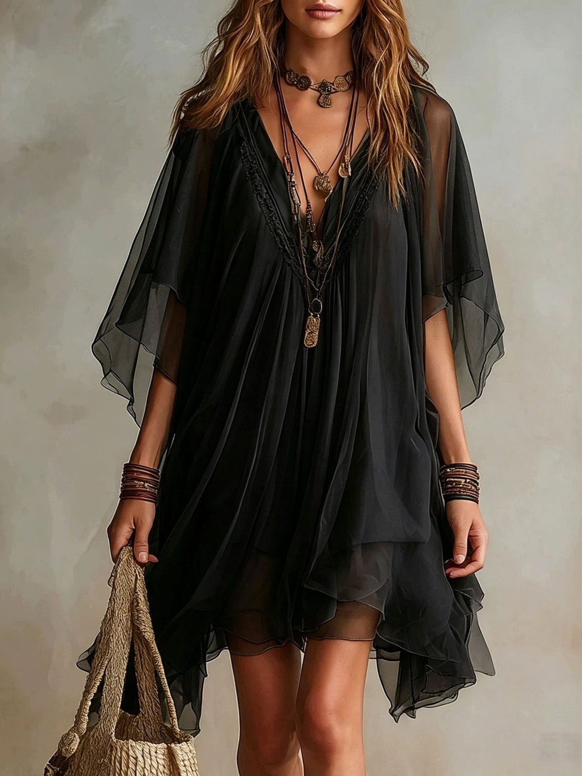 Vestido corto fluido en capas con escote en V verde