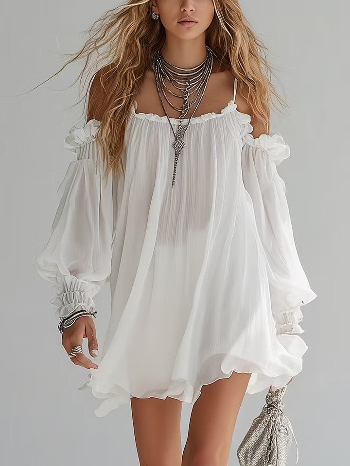 Vestido Corto Flotante de Estilo Bohemio con Hombros Descubiertos