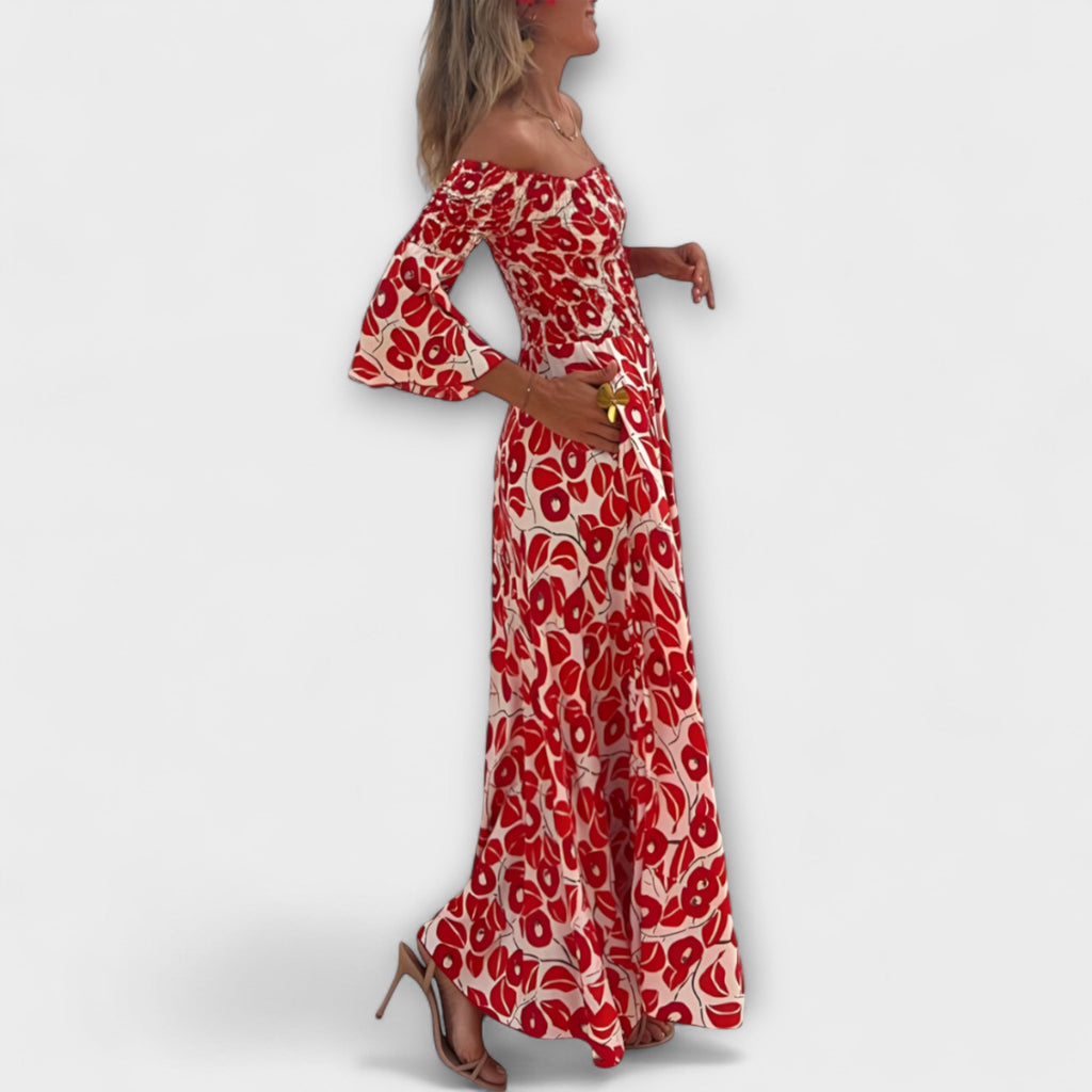 Bella - Vestido con hombros descubiertos y flores del océano