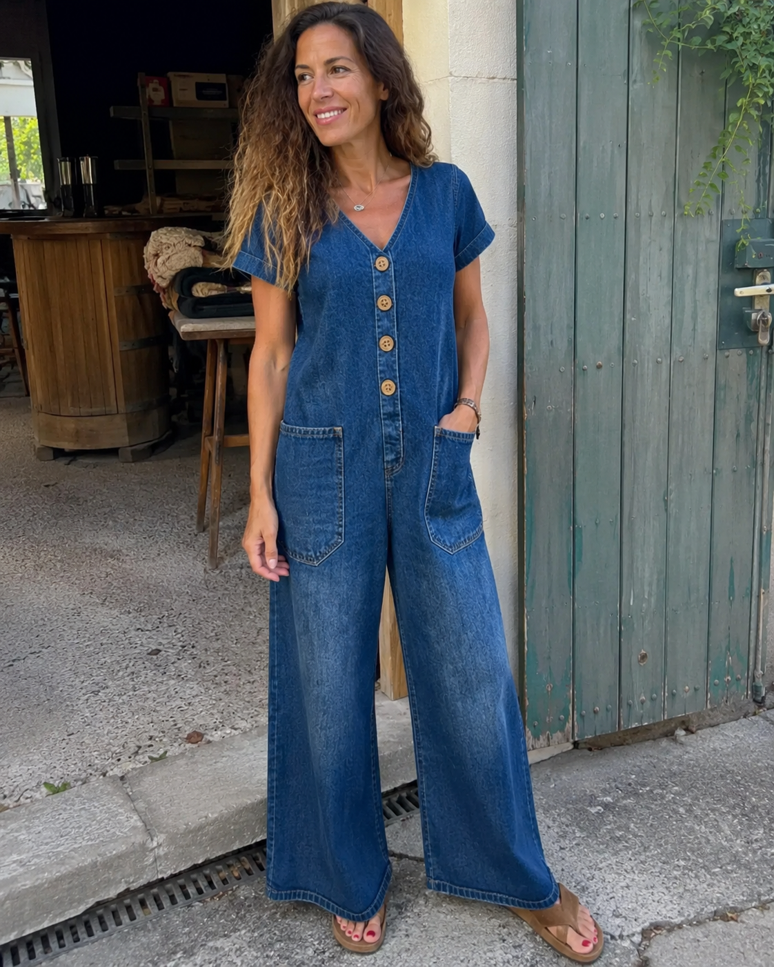 Denise™ | Mono de mezclilla con escote en V y mangas cortas