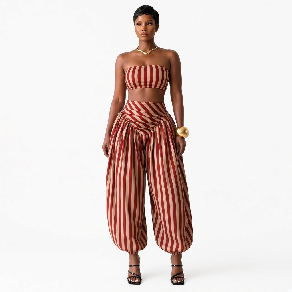 Conjunto bandeau de rayas con pantalón bombacho