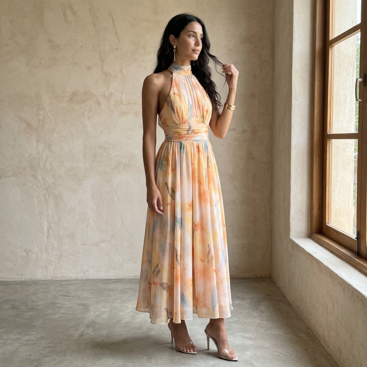 Silvia | Vestido estampado con cuello Halter y cintura ajustable