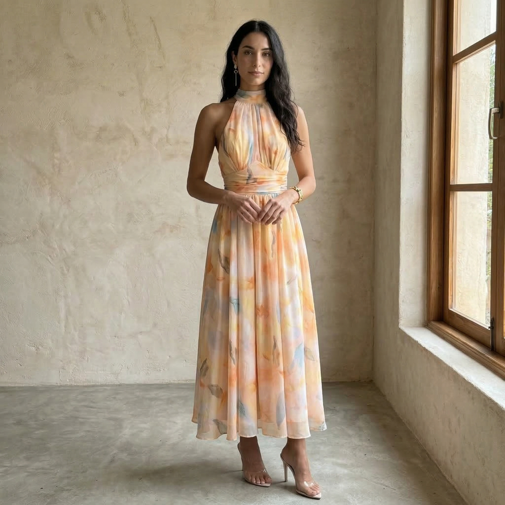 Silvia | Vestido estampado con cuello Halter y cintura ajustable
