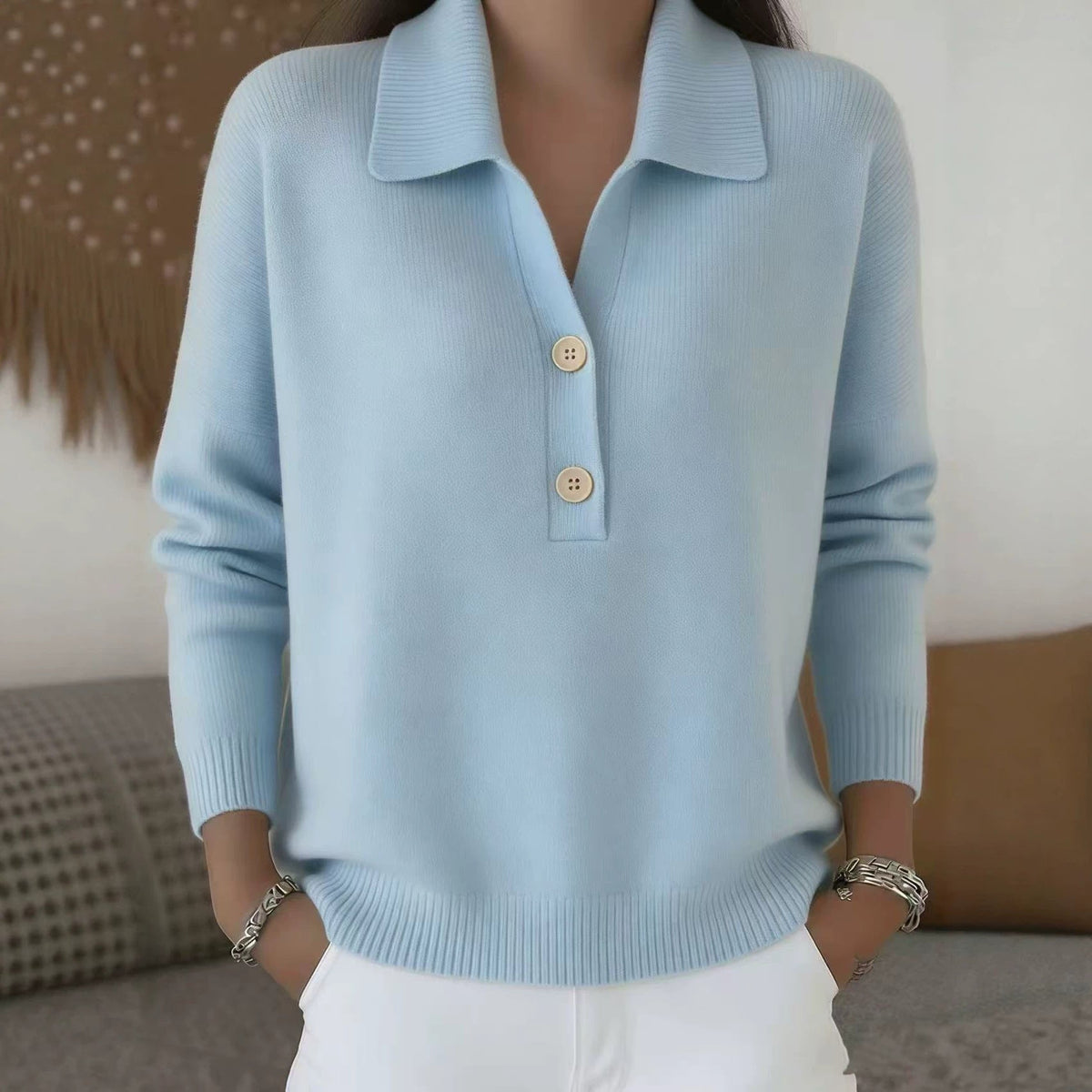 Jersey Casual Holgado de Punto con Solapa y Media Botonadura