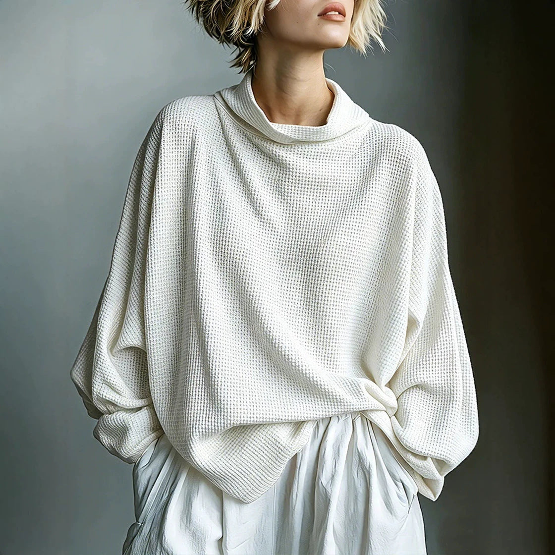 Top Oversize de Punto Gofre con Cuello Drapeado