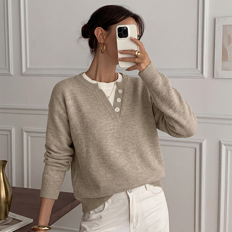 Jersey de Punto Henley con Cuello de Muesca, Hombro Caído y Manga Larga para Mujer