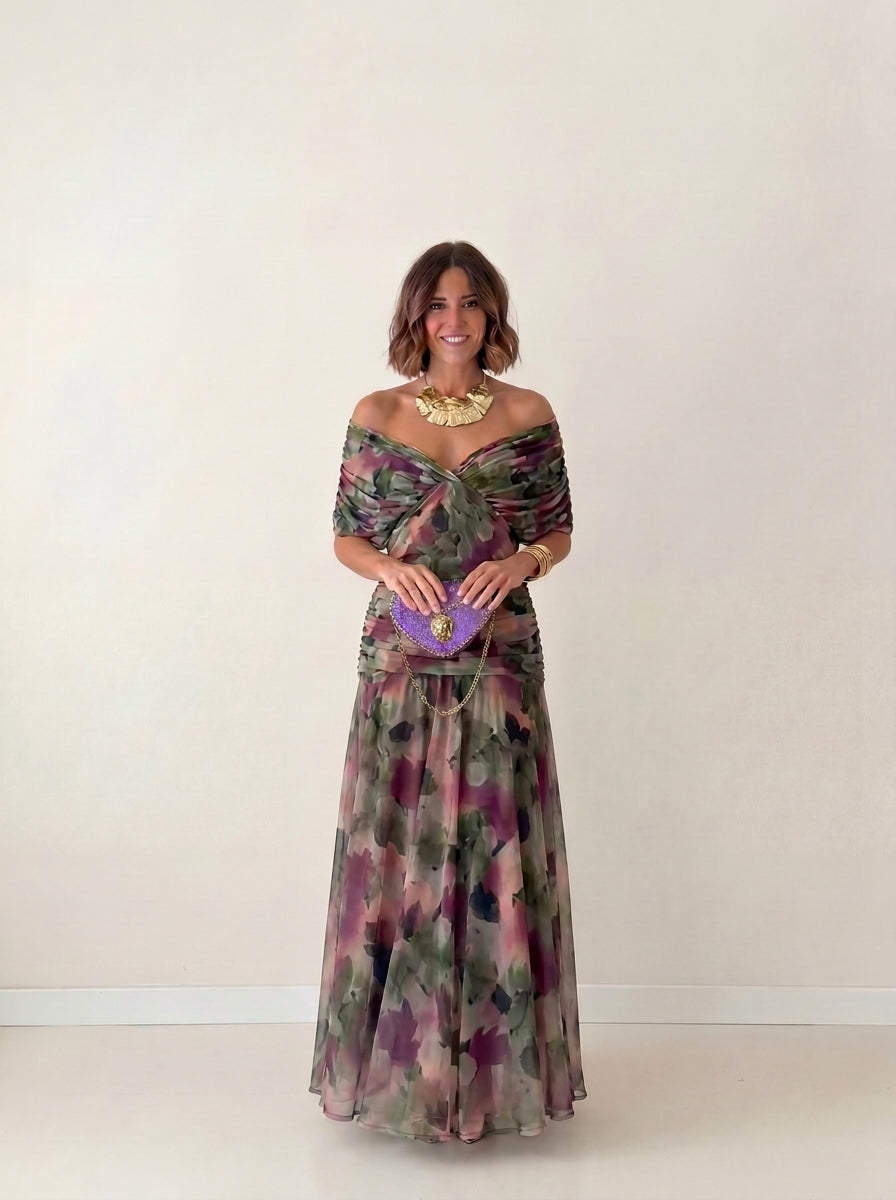 Vestido largo drapeado estilizador