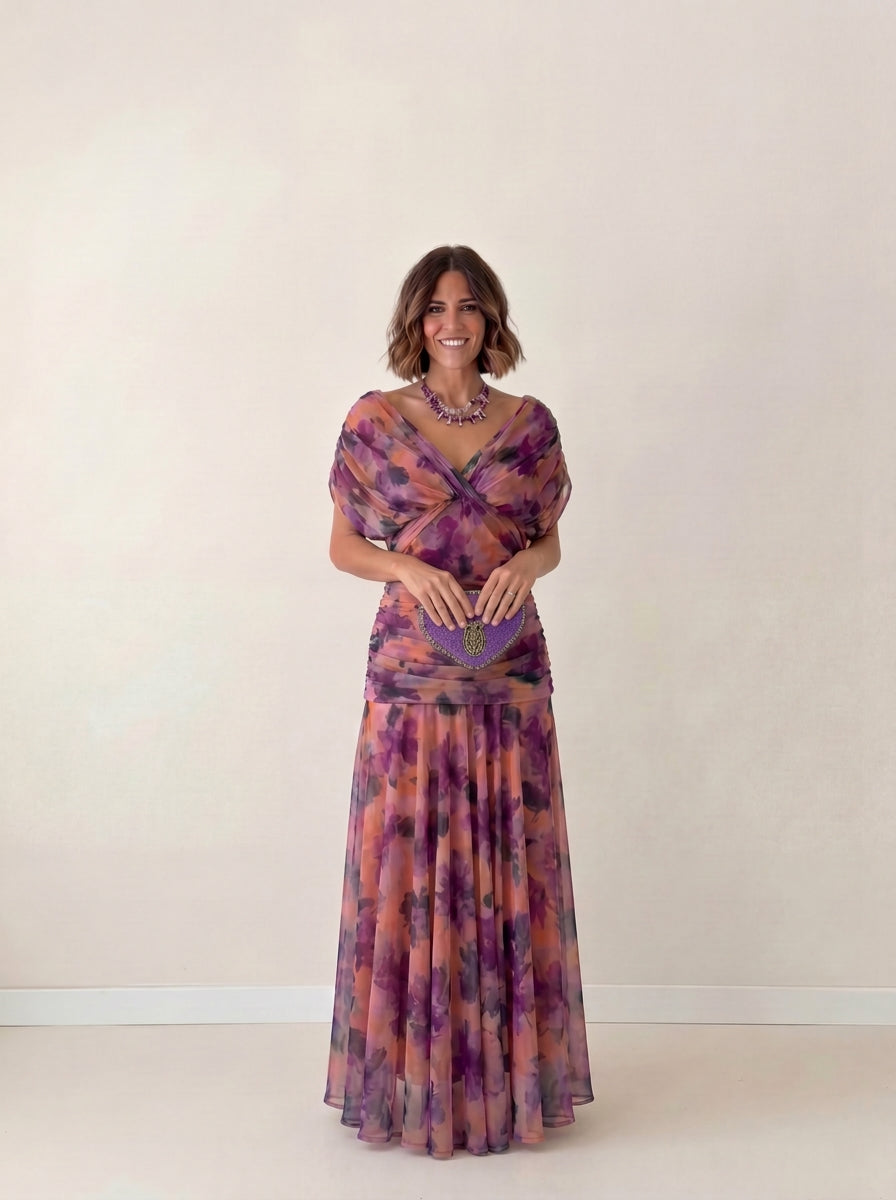 Vestido largo drapeado estilizador