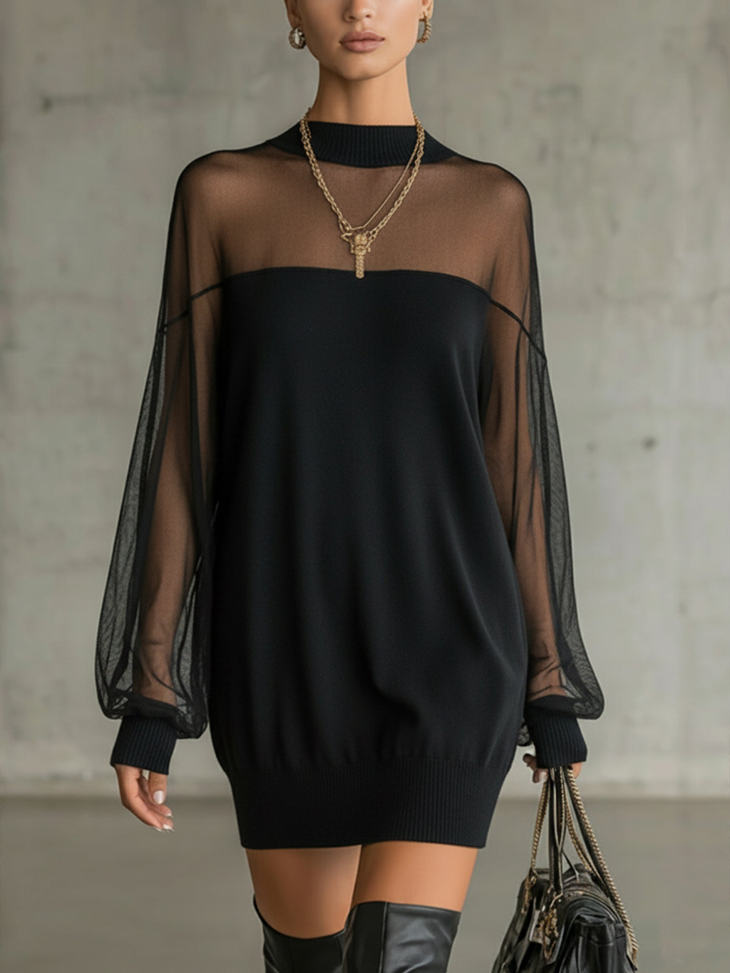 Vestido Corto con Mangas de Red Transparente y Cuello Alto
