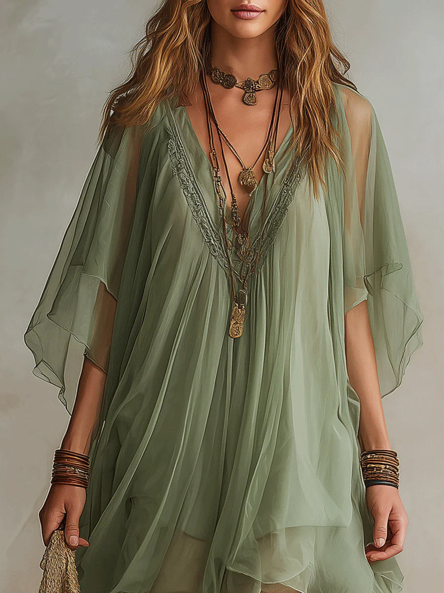 Vestido corto fluido en capas con escote en V verde