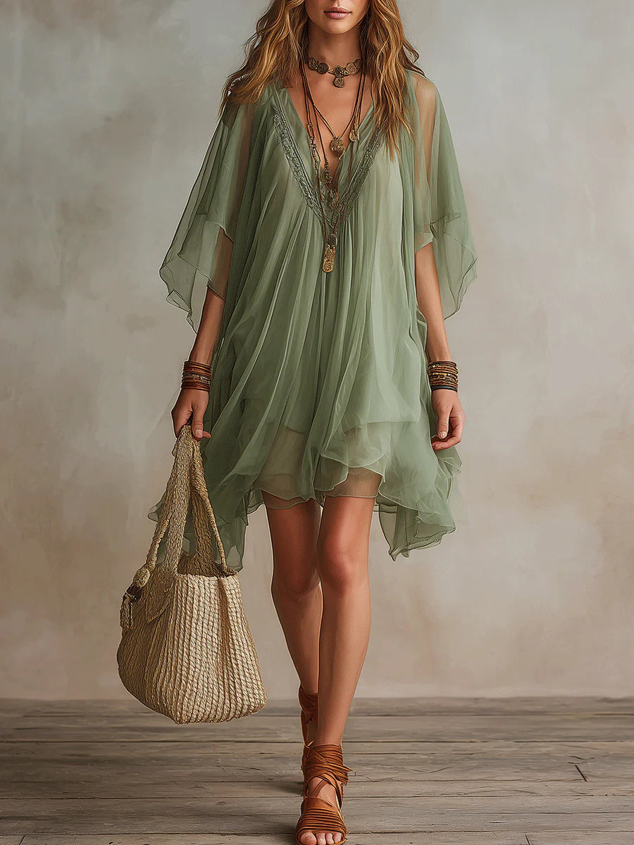 Vestido corto fluido en capas con escote en V verde