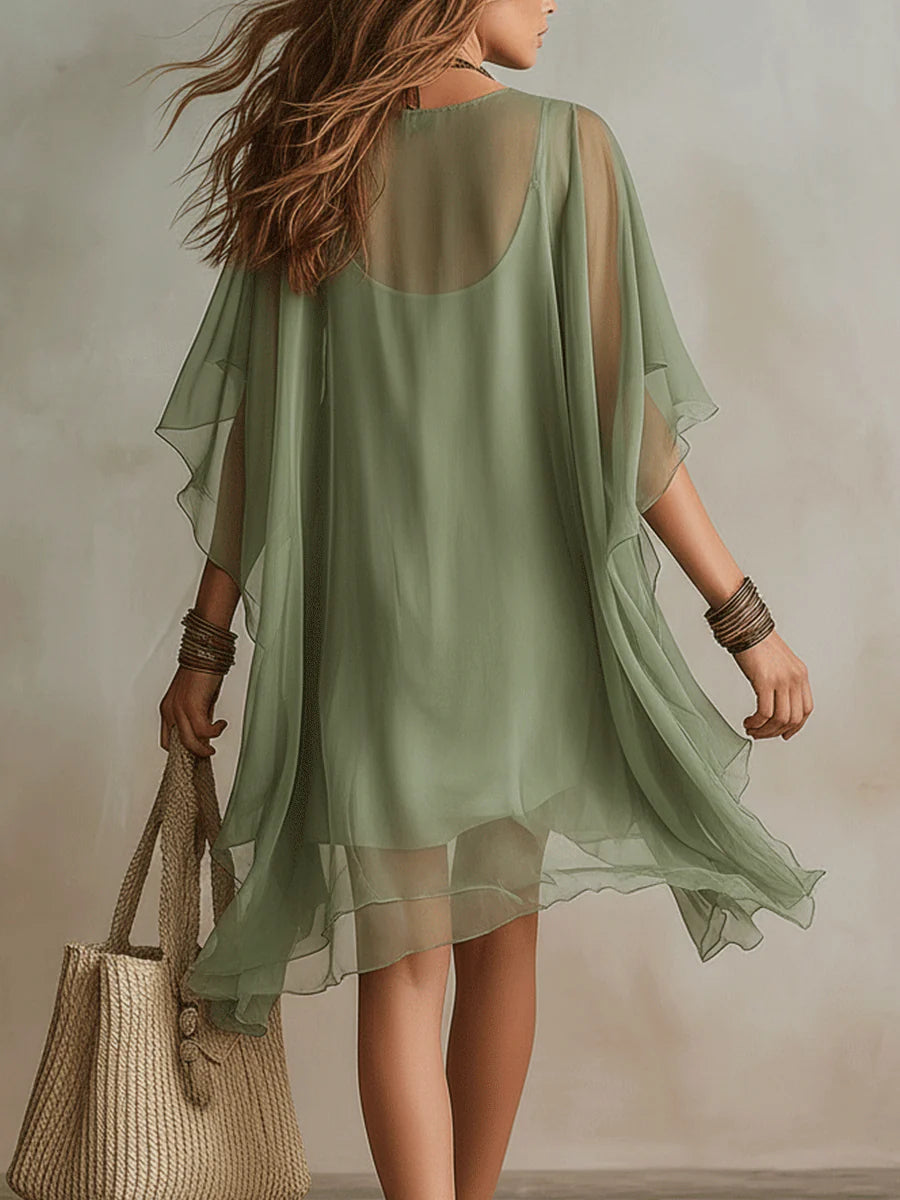 Vestido corto fluido en capas con escote en V verde