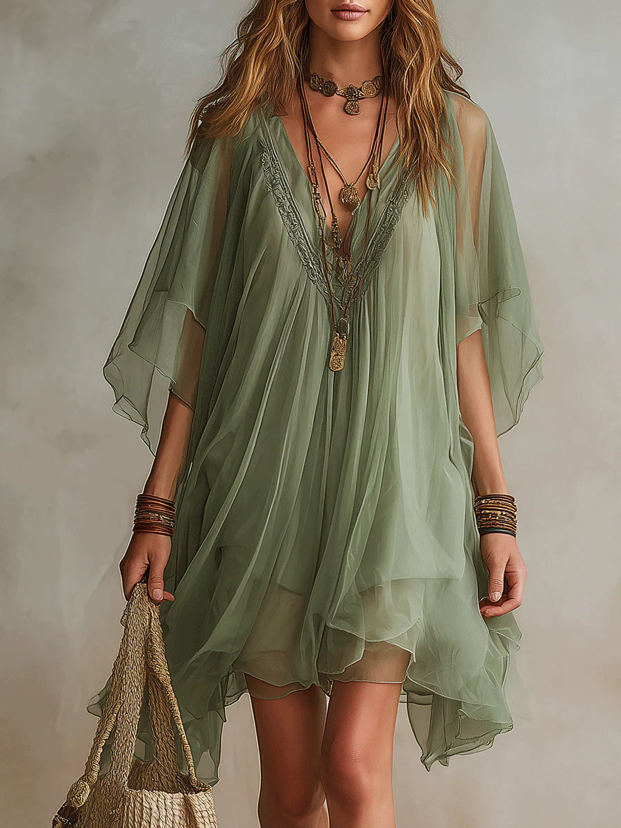 Vestido corto fluido en capas con escote en V verde