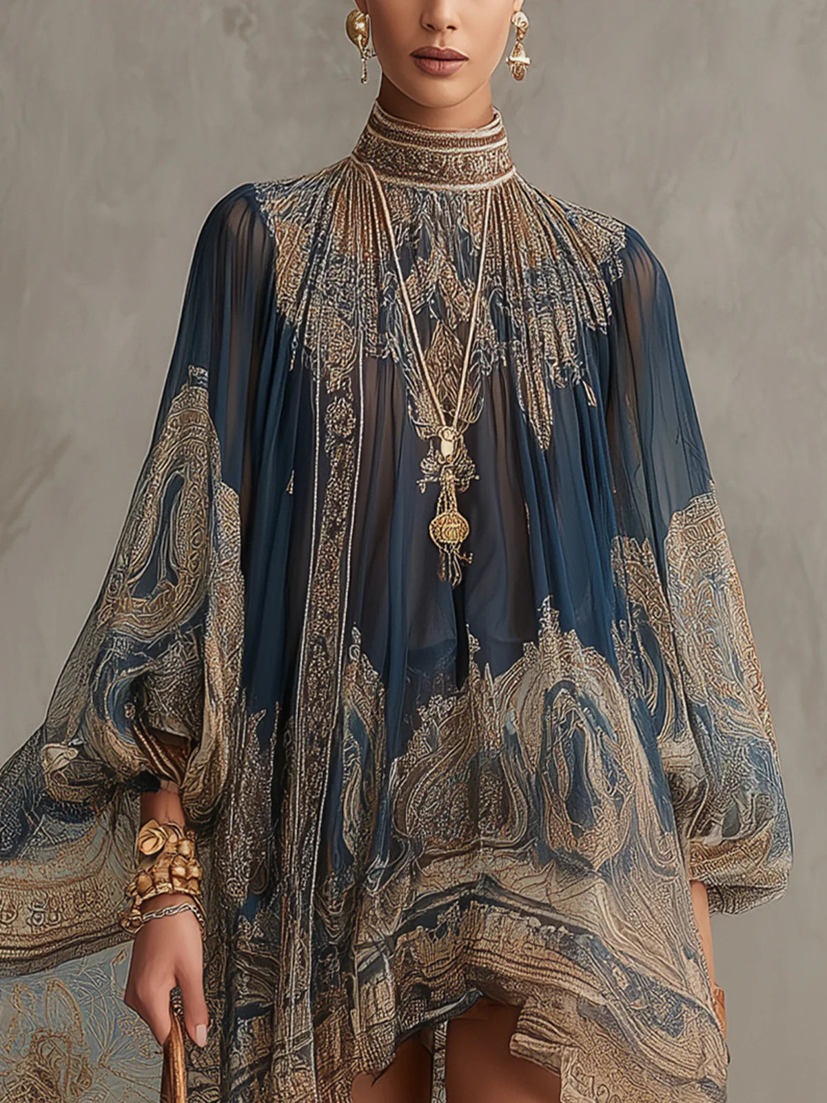 Vestido Corto con Estampado Barroco Azul Marino y Cuello Alto