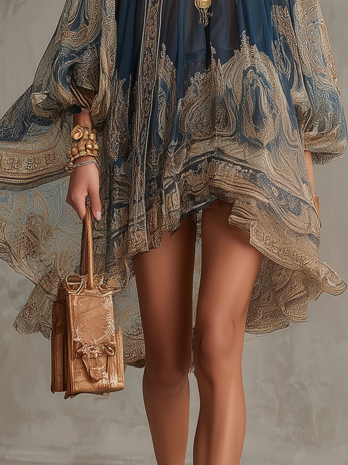 Vestido Corto con Estampado Barroco Azul Marino y Cuello Alto