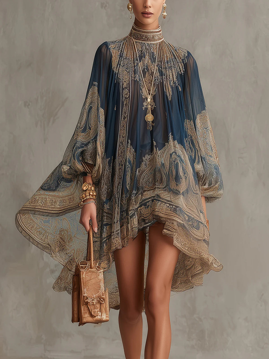 Vestido Corto con Estampado Barroco Azul Marino y Cuello Alto