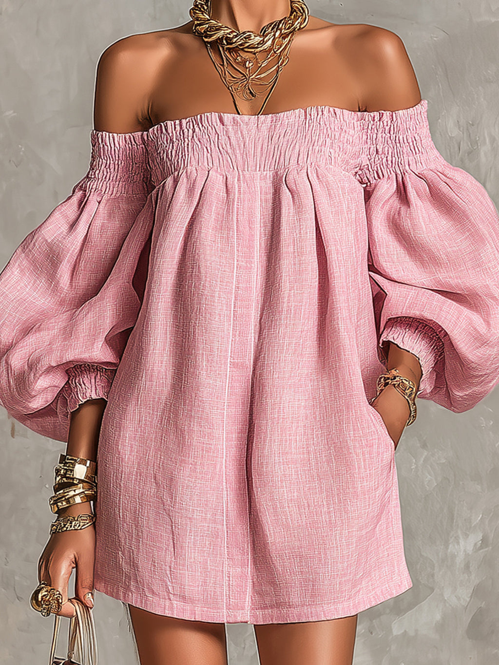 Vestido Corto con Mangas de Linterna y Hombros Descubiertos Rosa