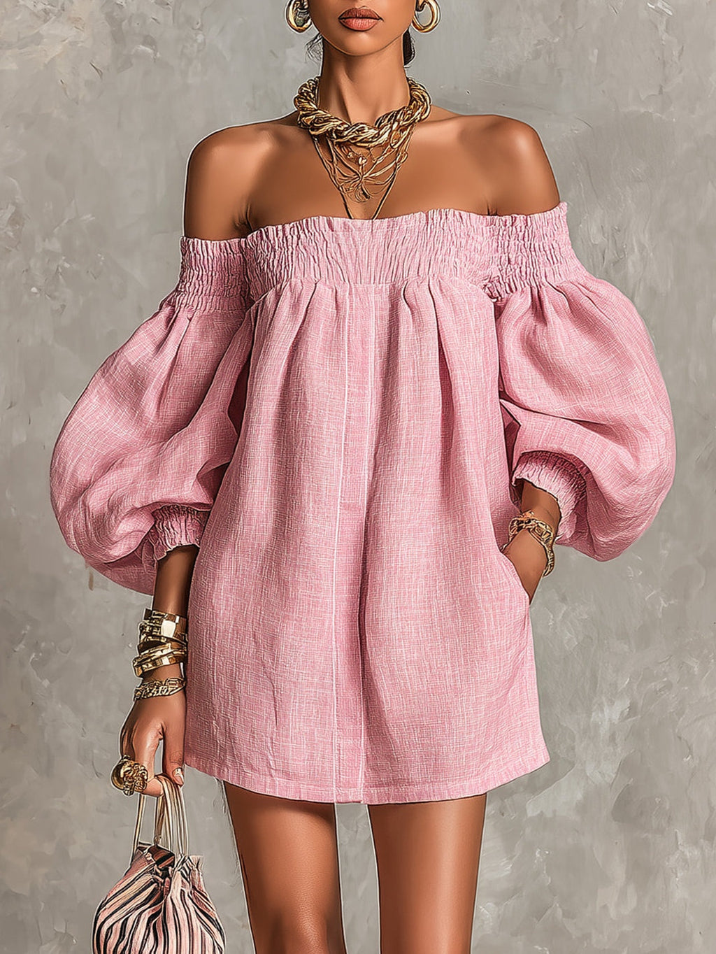 Vestido Corto con Mangas de Linterna y Hombros Descubiertos Rosa