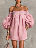 Vestido Corto con Mangas de Linterna y Hombros Descubiertos Rosa