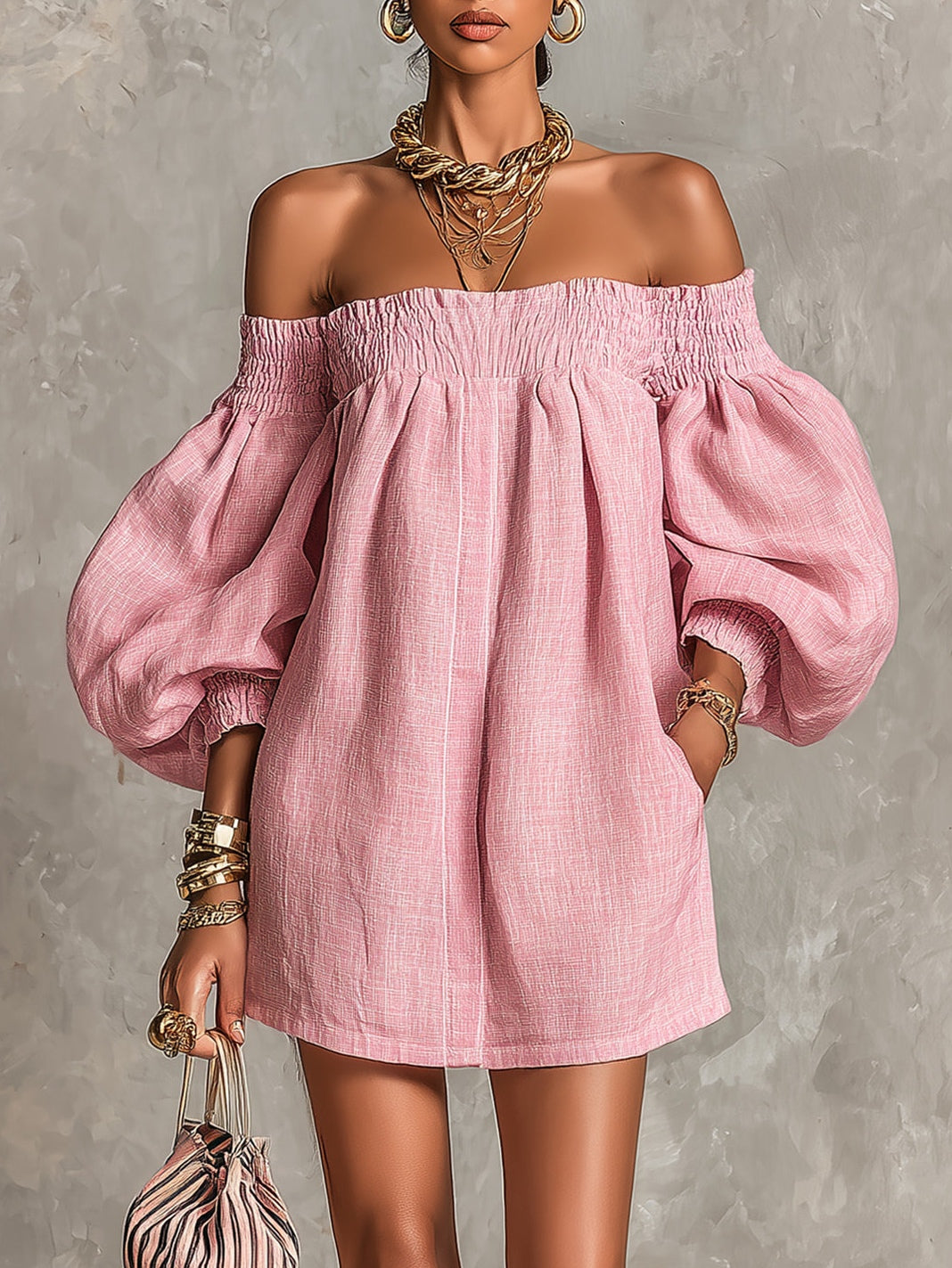 Vestido Corto con Mangas de Linterna y Hombros Descubiertos Rosa