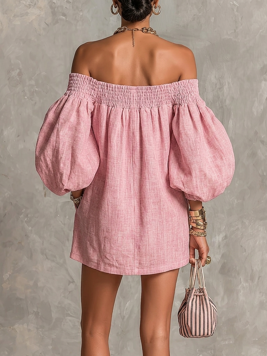 Vestido Corto con Mangas de Linterna y Hombros Descubiertos Rosa