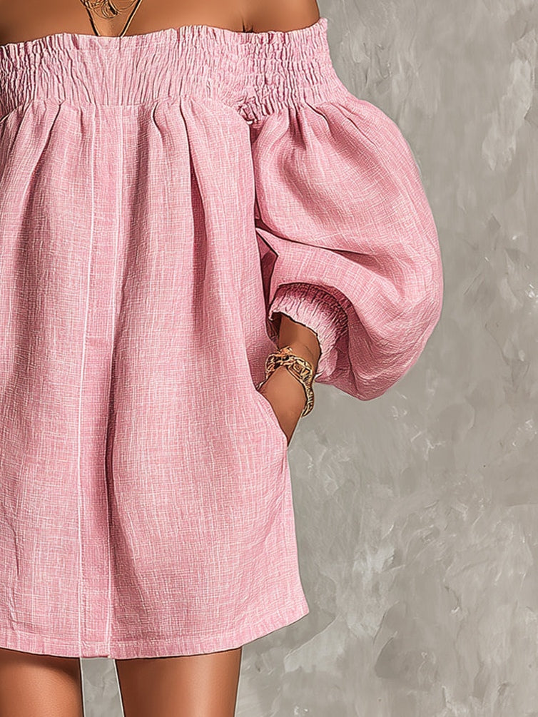 Vestido Corto con Mangas de Linterna y Hombros Descubiertos Rosa