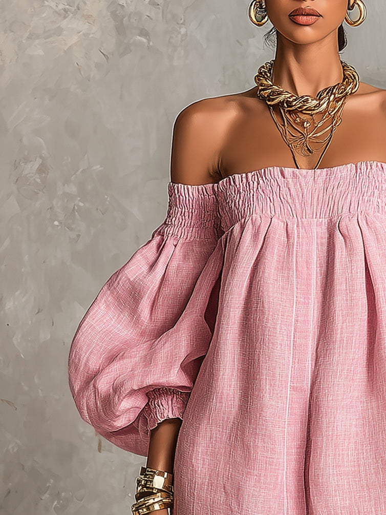 Vestido Corto con Mangas de Linterna y Hombros Descubiertos Rosa