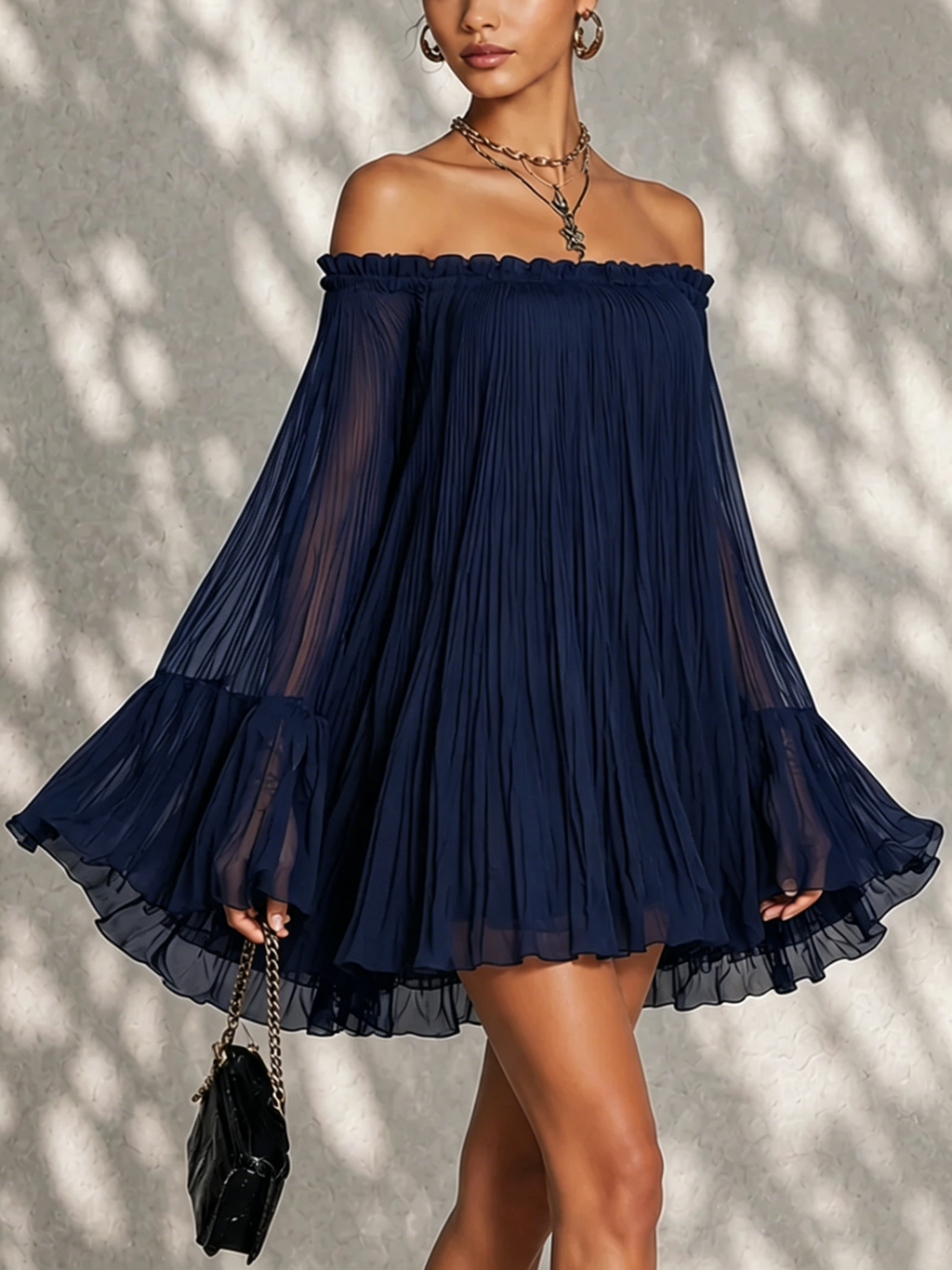 Vestido Corto de Manga Acampanada con Volantes y Hombros Descubiertos