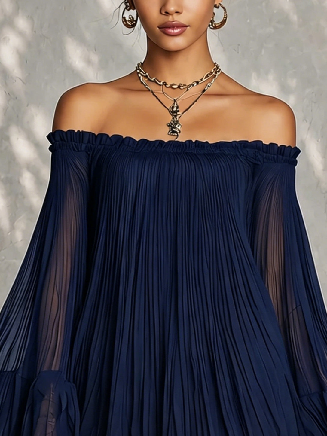Vestido Corto de Manga Acampanada con Volantes y Hombros Descubiertos