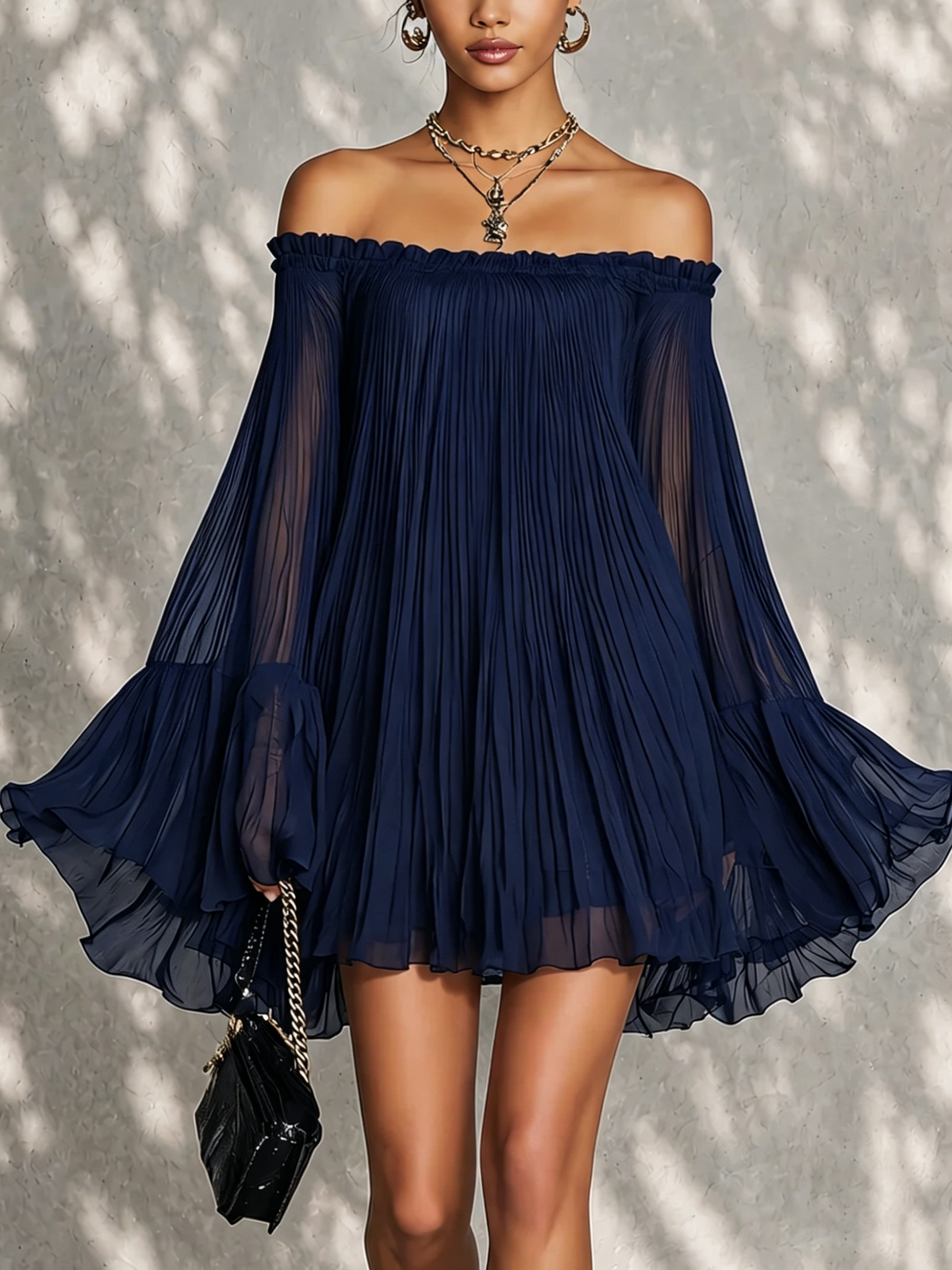 Vestido Corto de Manga Acampanada con Volantes y Hombros Descubiertos