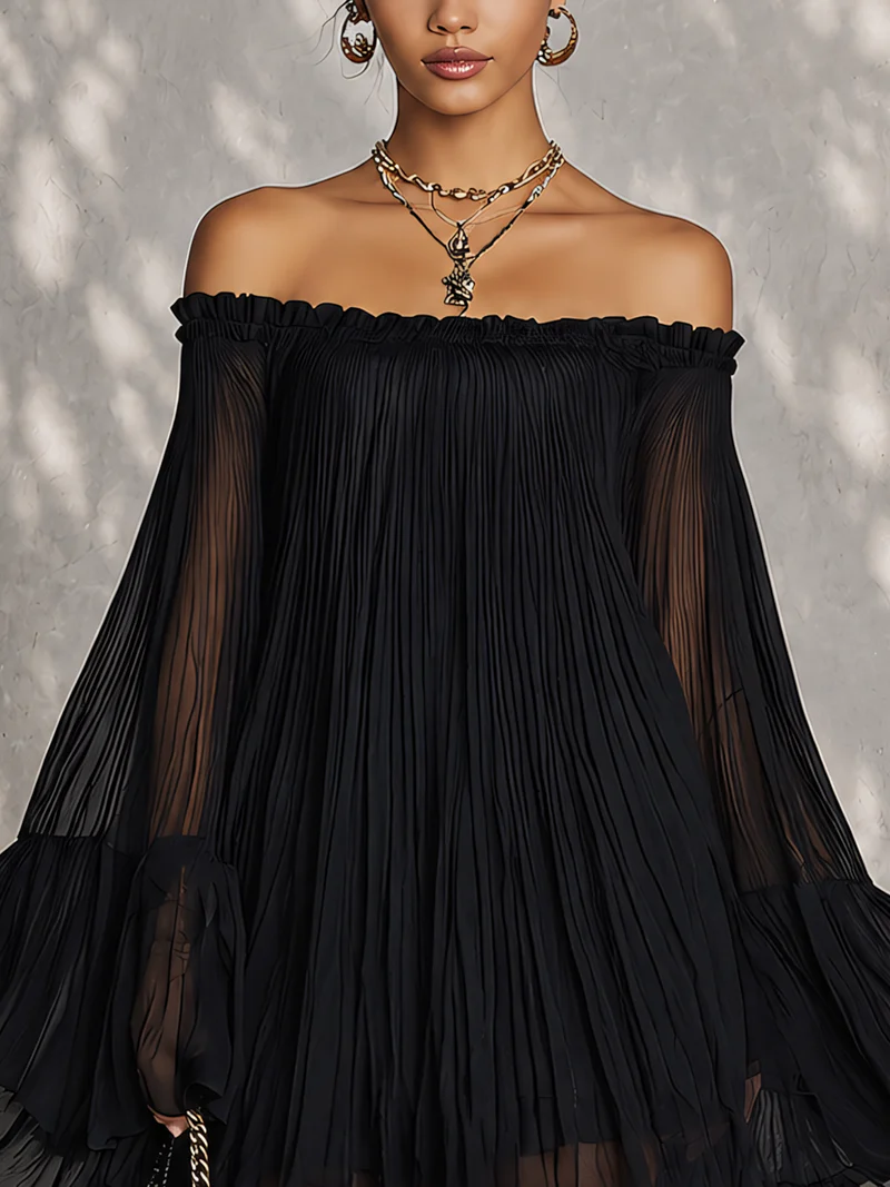 Vestido Corto Negro con Mangas de Campana y Volantes